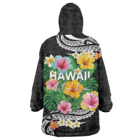 Hawaii Aloha Tropical Leaves and Flower Wearable Blanket Hoodie with Polynesian Art Tattoo Black Color - Polynesian Pride