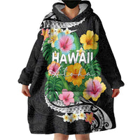 Hawaii Aloha Tropical Leaves and Flower Wearable Blanket Hoodie with Polynesian Art Tattoo Black Color - Polynesian Pride
