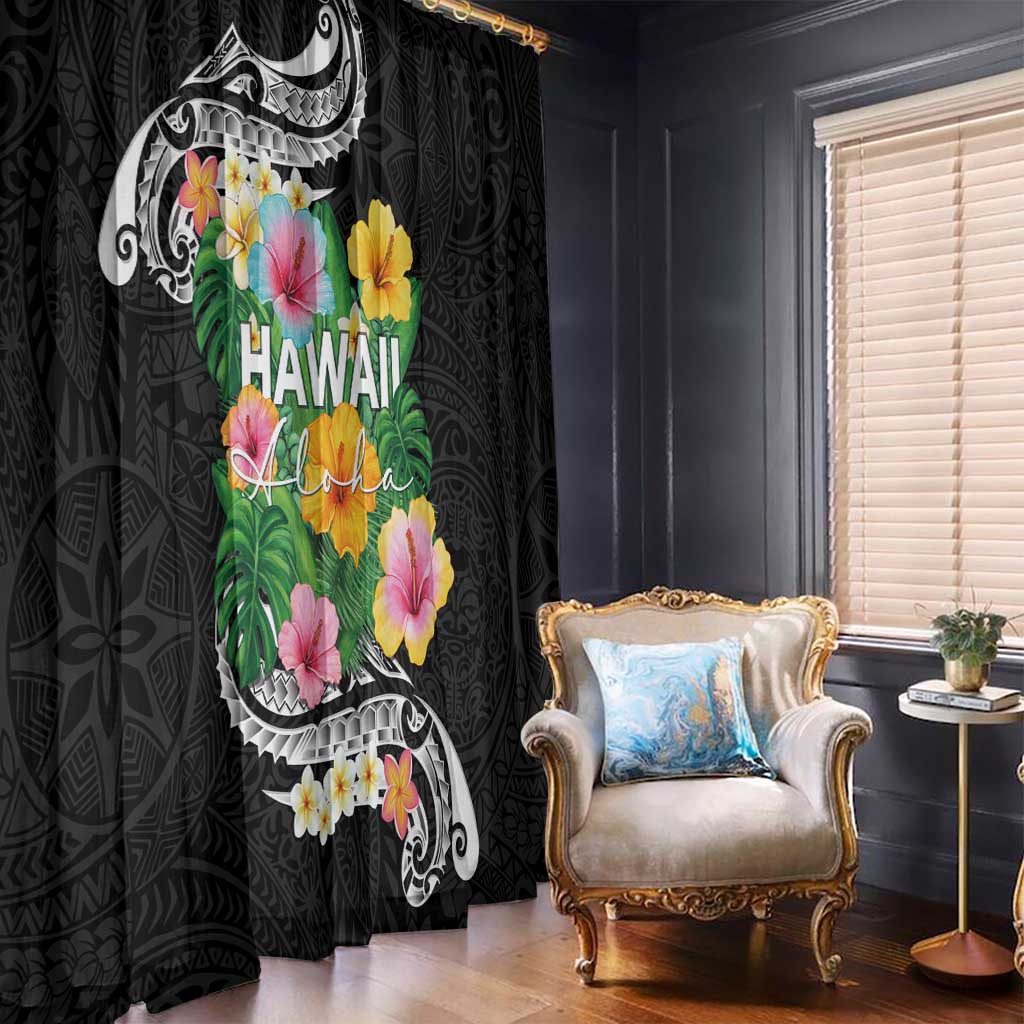 Hawaii Aloha Tropical Leaves and Flower Window Curtain with Polynesian Art Tattoo Black Color - Polynesian Pride