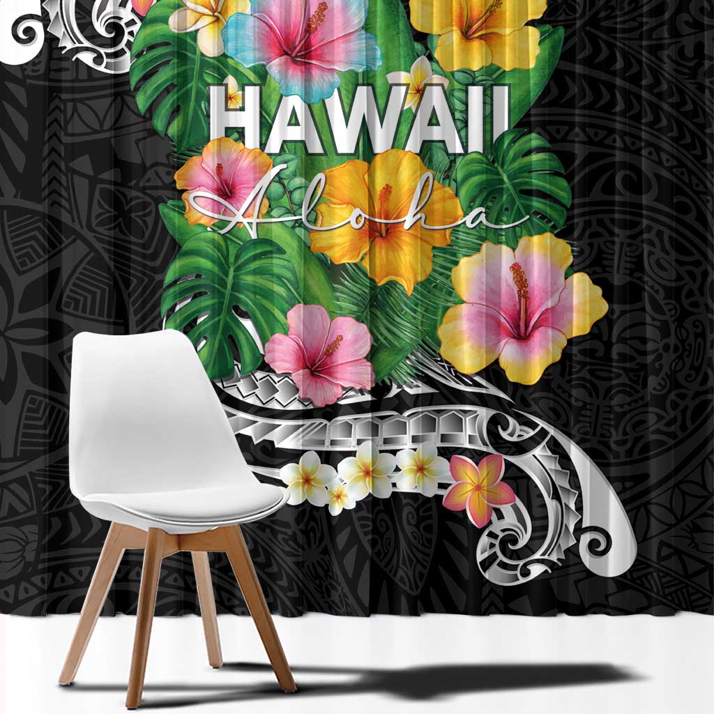 Hawaii Aloha Tropical Leaves and Flower Window Curtain with Polynesian Art Tattoo Black Color - Polynesian Pride