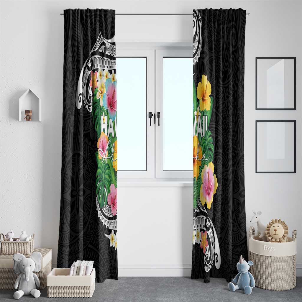 Hawaii Aloha Tropical Leaves and Flower Window Curtain with Polynesian Art Tattoo Black Color - Polynesian Pride