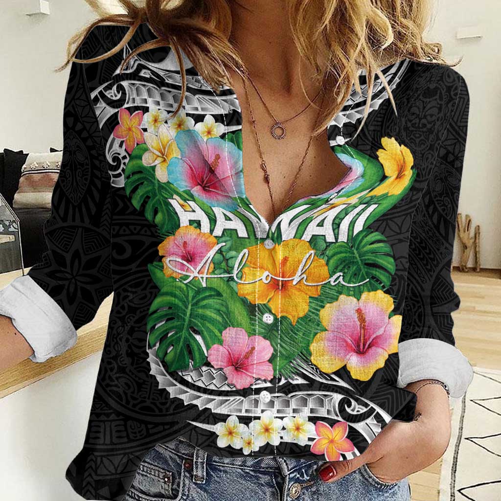 Hawaii Aloha Tropical Leaves and Flower Women Casual Shirt with Polynesian Art Tattoo Black Color - Polynesian Pride