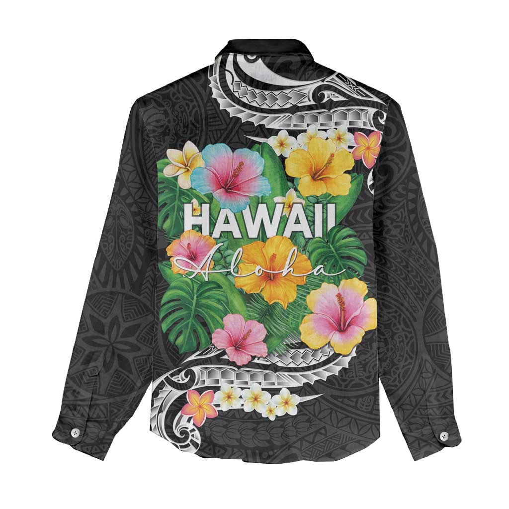 Hawaii Aloha Tropical Leaves and Flower Women Casual Shirt with Polynesian Art Tattoo Black Color - Polynesian Pride
