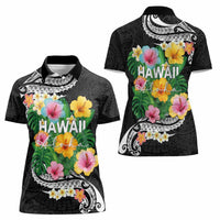 Hawaii Aloha Tropical Leaves and Flower Women Polo Shirt with Polynesian Art Tattoo Black Color - Polynesian Pride
