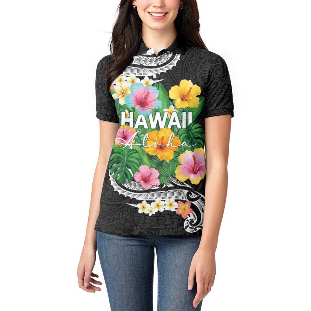 Hawaii Aloha Tropical Leaves and Flower Women Polo Shirt with Polynesian Art Tattoo Black Color - Polynesian Pride