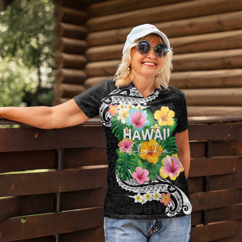 Hawaii Aloha Tropical Leaves and Flower Women Polo Shirt with Polynesian Art Tattoo Black Color - Polynesian Pride