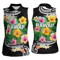 Hawaii Aloha Tropical Leaves and Flower Women Sleeveless Polo Shirt with Polynesian Art Tattoo Black Color - Polynesian Pride