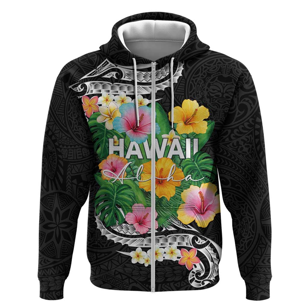 Hawaii Aloha Tropical Leaves and Flower Zip Hoodie with Polynesian Art Tattoo Black Color - Polynesian Pride