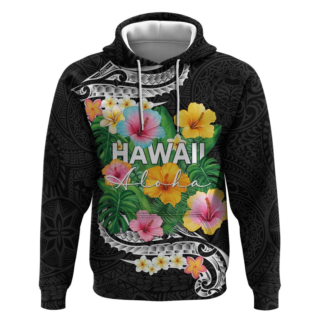 Hawaii Aloha Tropical Leaves and Flower Zip Hoodie with Polynesian Art Tattoo Black Color - Polynesian Pride
