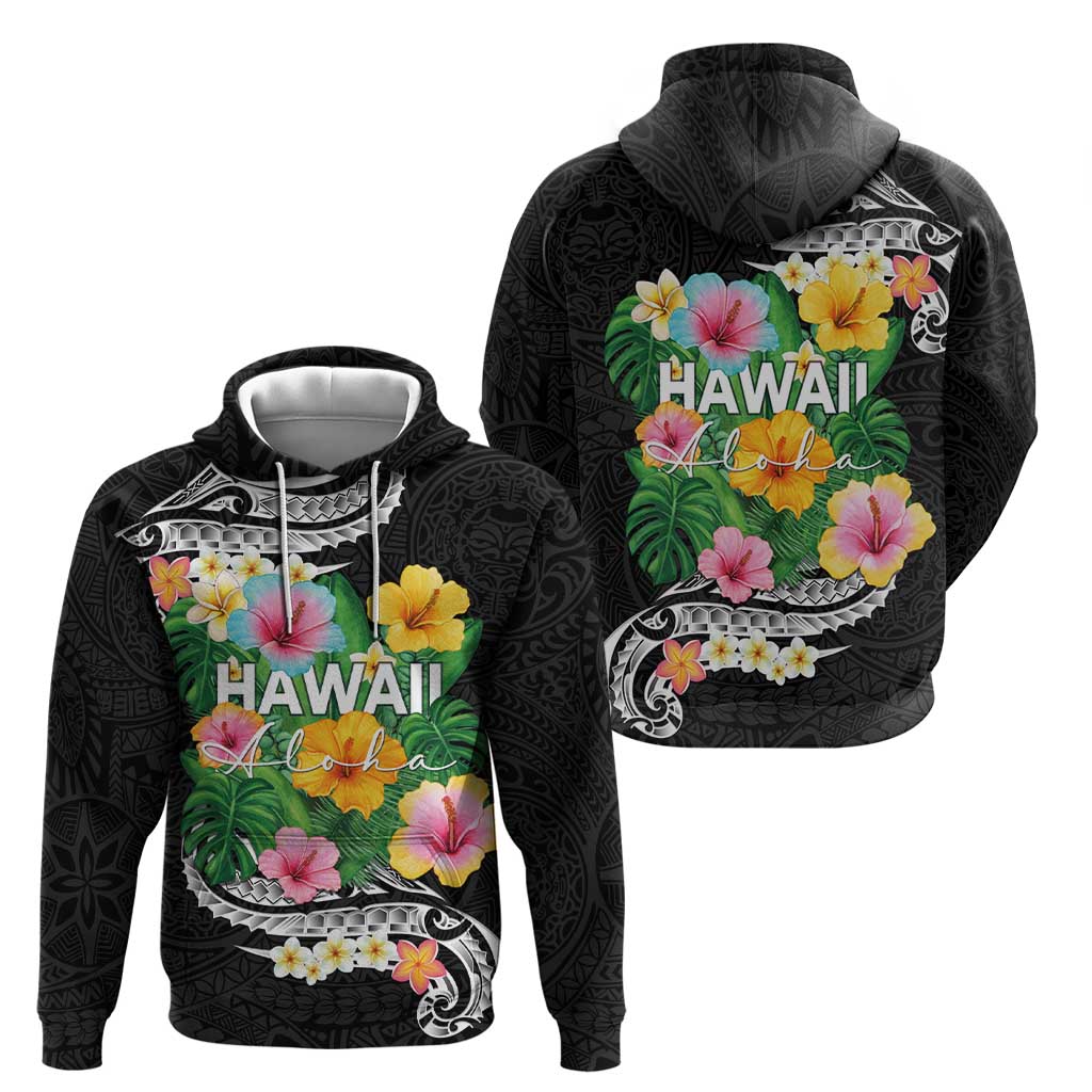 Hawaii Aloha Tropical Leaves and Flower Zip Hoodie with Polynesian Art Tattoo Black Color - Polynesian Pride