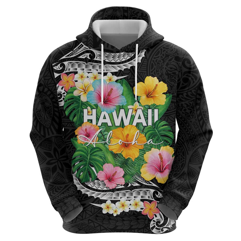 Hawaii Aloha Tropical Leaves and Flower Zip Hoodie with Polynesian Art Tattoo Black Color - Polynesian Pride