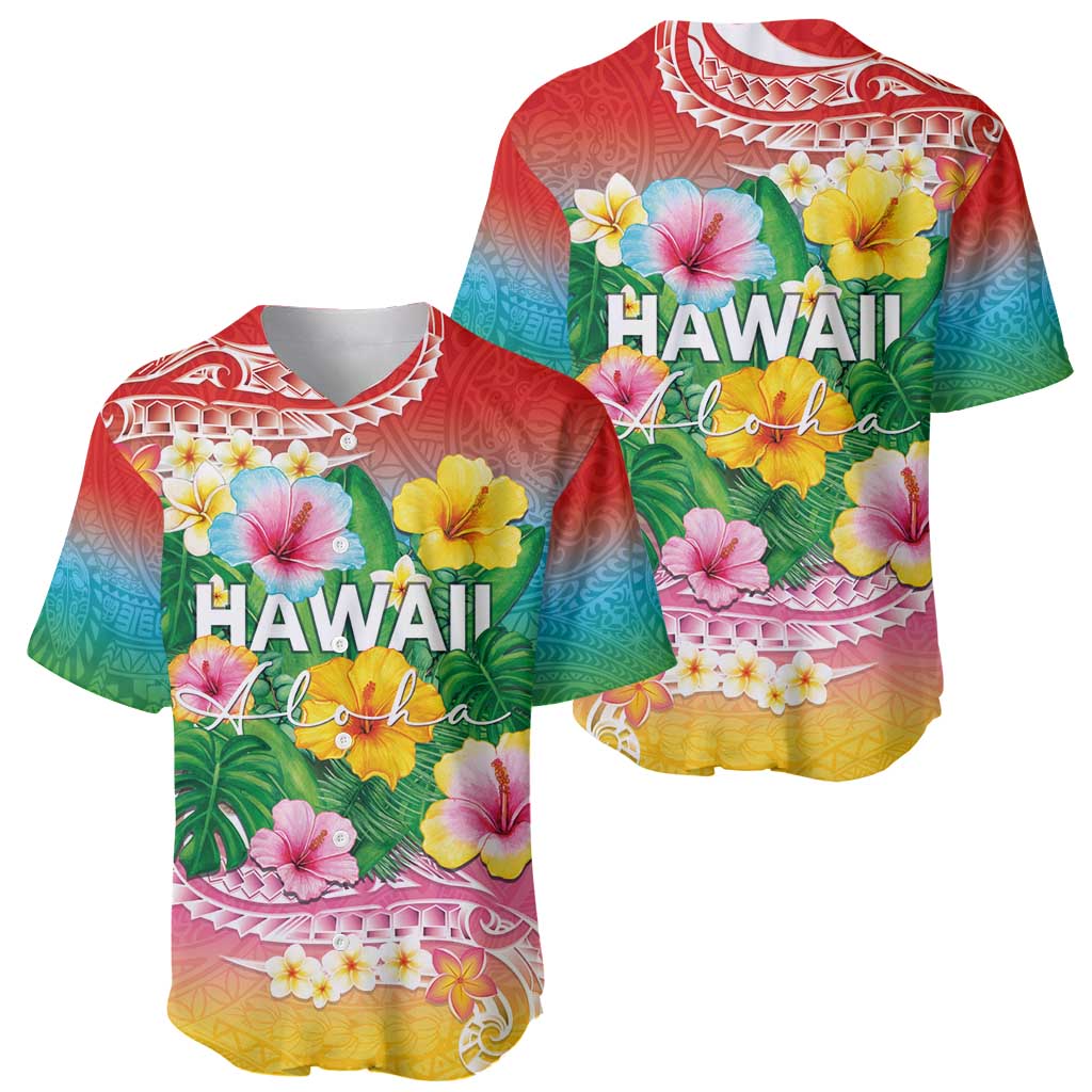 Hawaii Aloha Tropical Leaves and Flower Baseball Jersey with Polynesian Art Tattoo Rainbow Color - Polynesian Pride