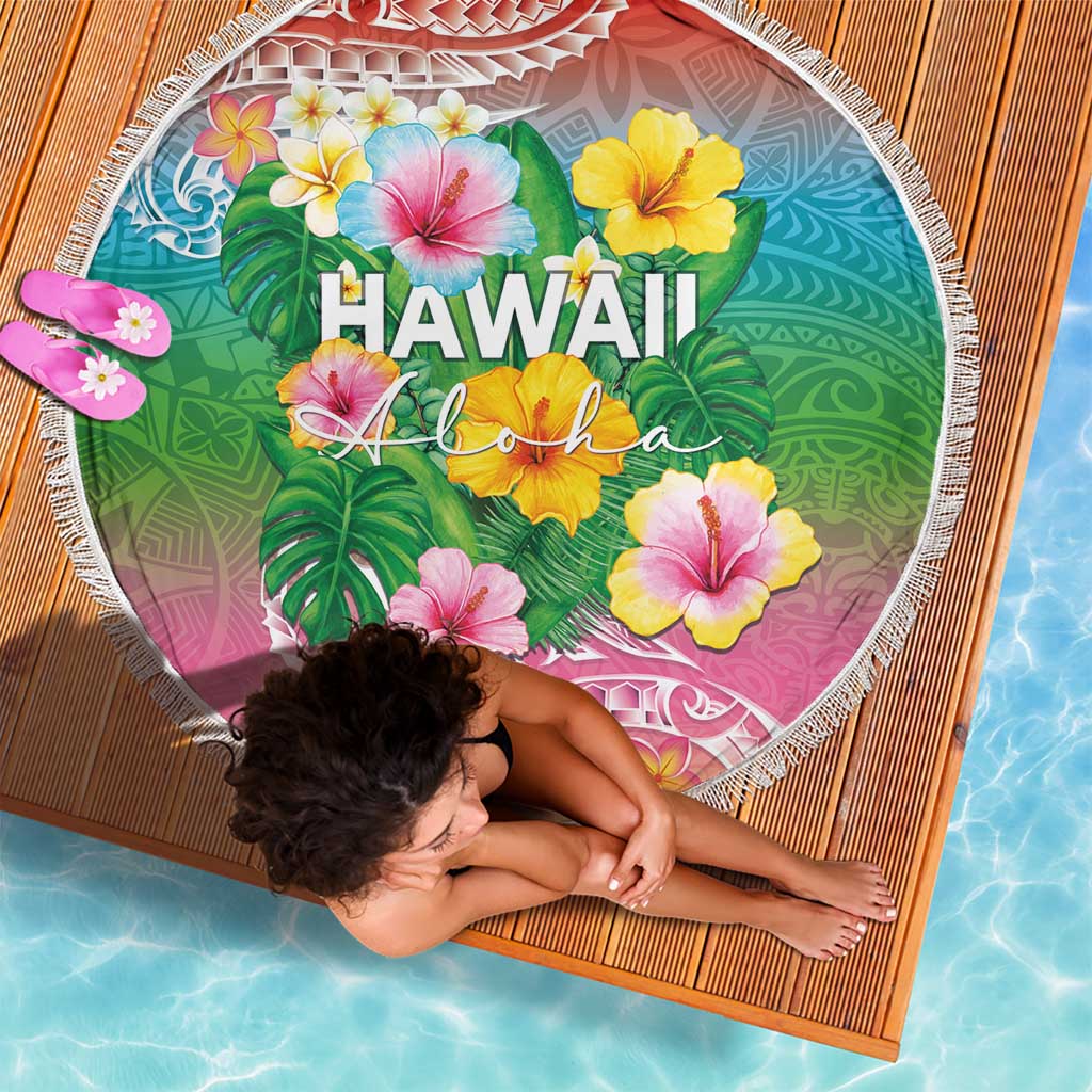 Hawaii Aloha Tropical Leaves and Flower Beach Blanket with Polynesian Art Tattoo Rainbow Color - Polynesian Pride