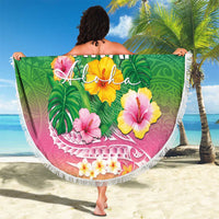 Hawaii Aloha Tropical Leaves and Flower Beach Blanket with Polynesian Art Tattoo Rainbow Color - Polynesian Pride