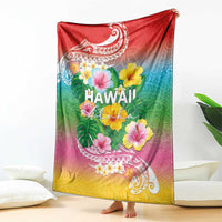 Hawaii Aloha Tropical Leaves and Flower Blanket with Polynesian Art Tattoo Rainbow Color - Polynesian Pride