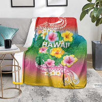 Hawaii Aloha Tropical Leaves and Flower Blanket with Polynesian Art Tattoo Rainbow Color - Polynesian Pride