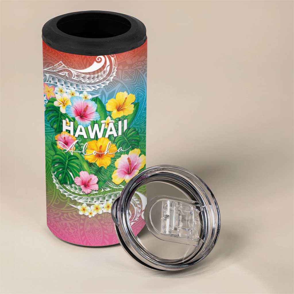 Hawaii Aloha Tropical Leaves and Flower 4 in 1 Can Cooler Tumbler with Polynesian Art Tattoo Rainbow Color - Polynesian Pride