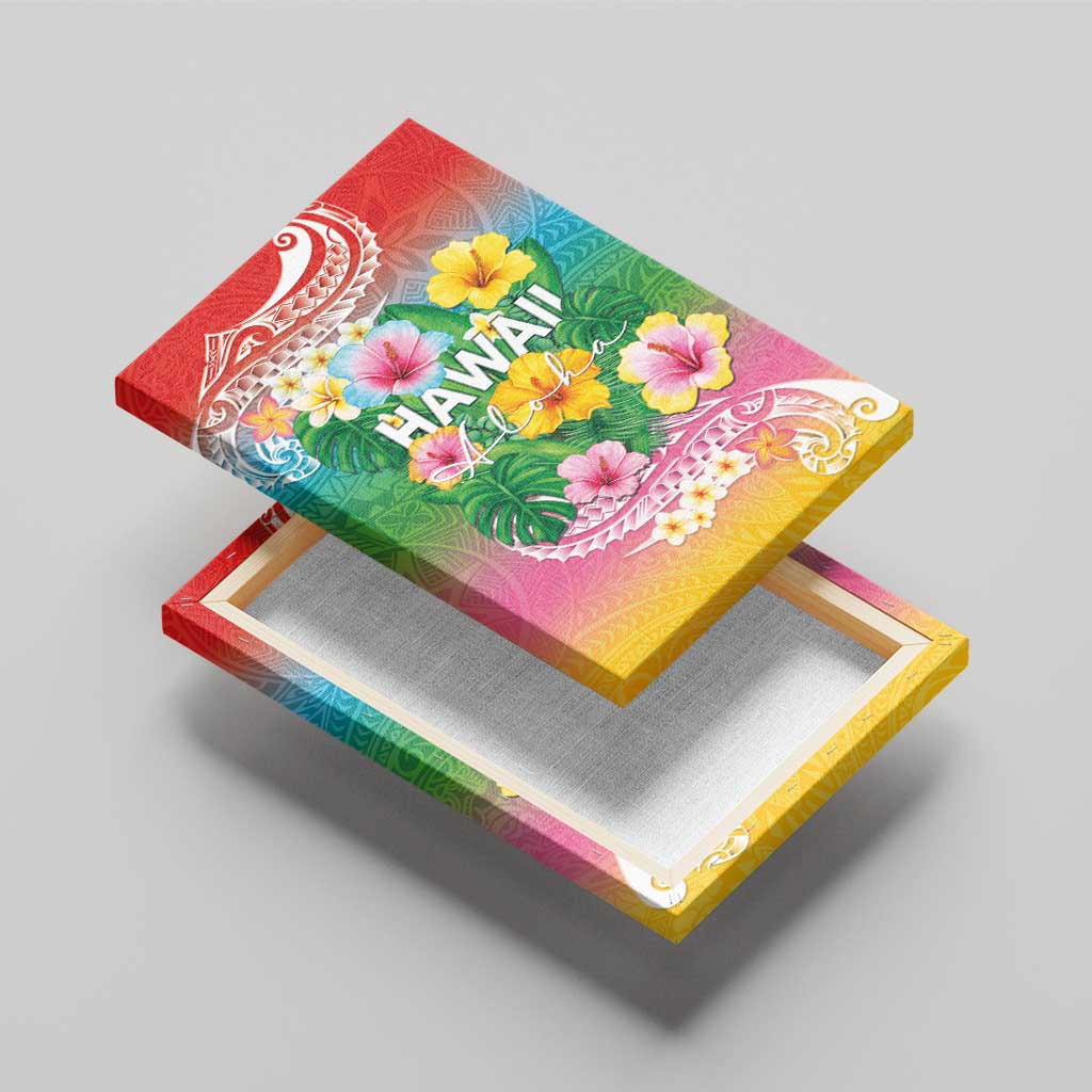 Hawaii Aloha Tropical Leaves and Flower Canvas Wall Art with Polynesian Art Tattoo Rainbow Color - Polynesian Pride