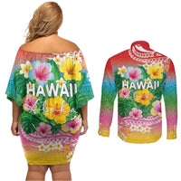 Hawaii Aloha Tropical Leaves and Flower Couples Matching Off Shoulder Short Dress and Long Sleeve Button Shirt with Polynesian Art Tattoo Rainbow Color - Polynesian Pride