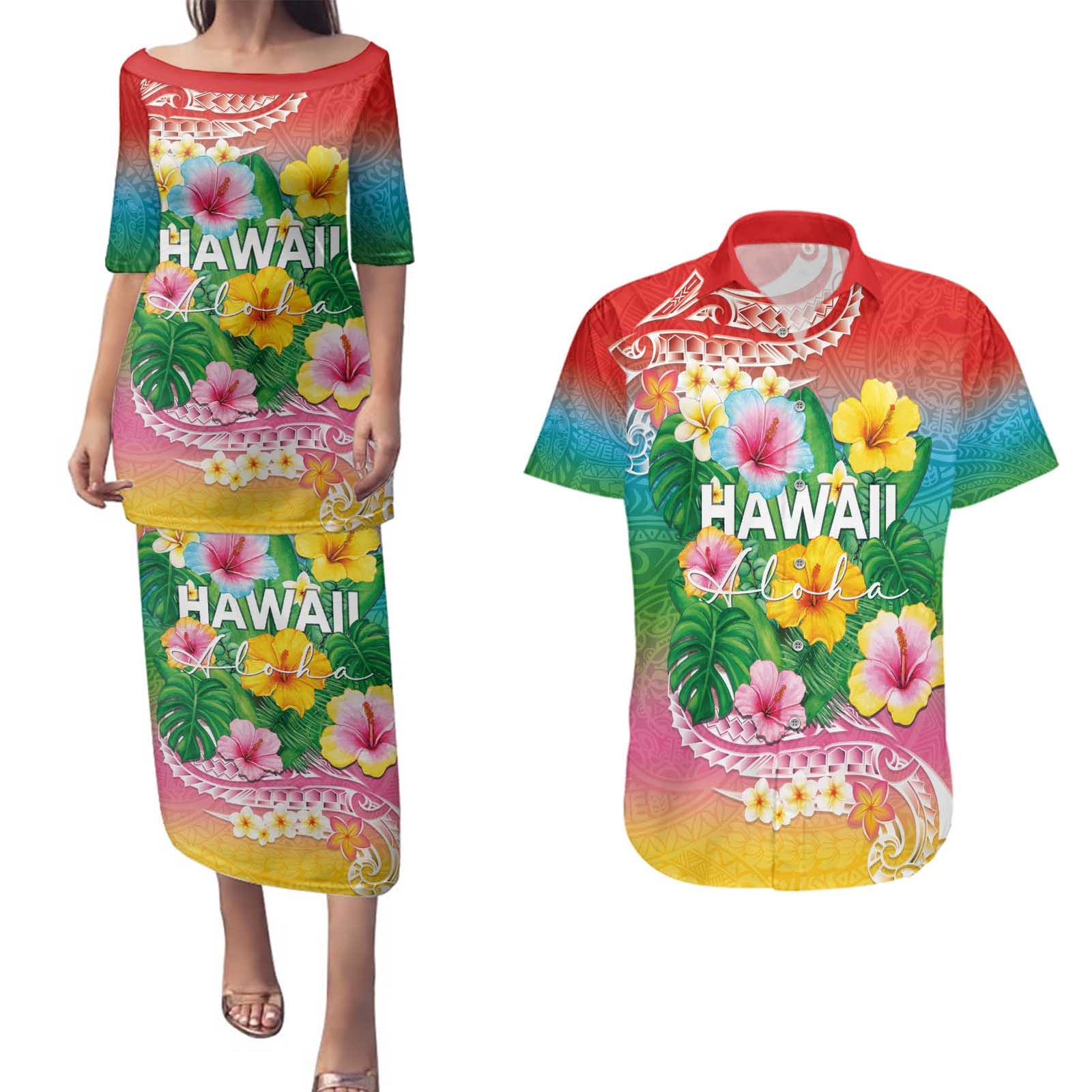 Hawaii Aloha Tropical Leaves and Flower Couples Matching Puletasi and Hawaiian Shirt with Polynesian Art Tattoo Rainbow Color - Polynesian Pride