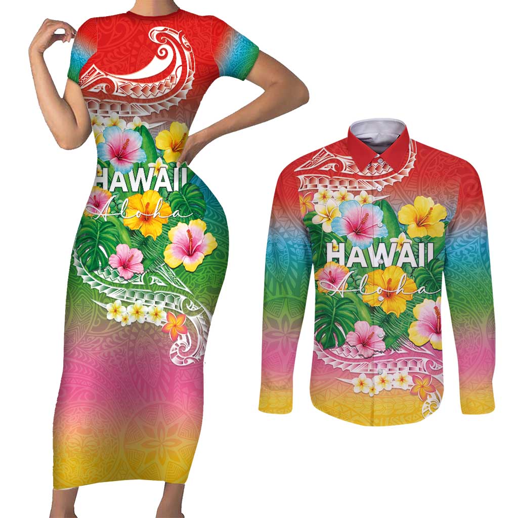 Hawaii Aloha Tropical Leaves and Flower Couples Matching Short Sleeve Bodycon Dress and Long Sleeve Button Shirt with Polynesian Art Tattoo Rainbow Color - Polynesian Pride