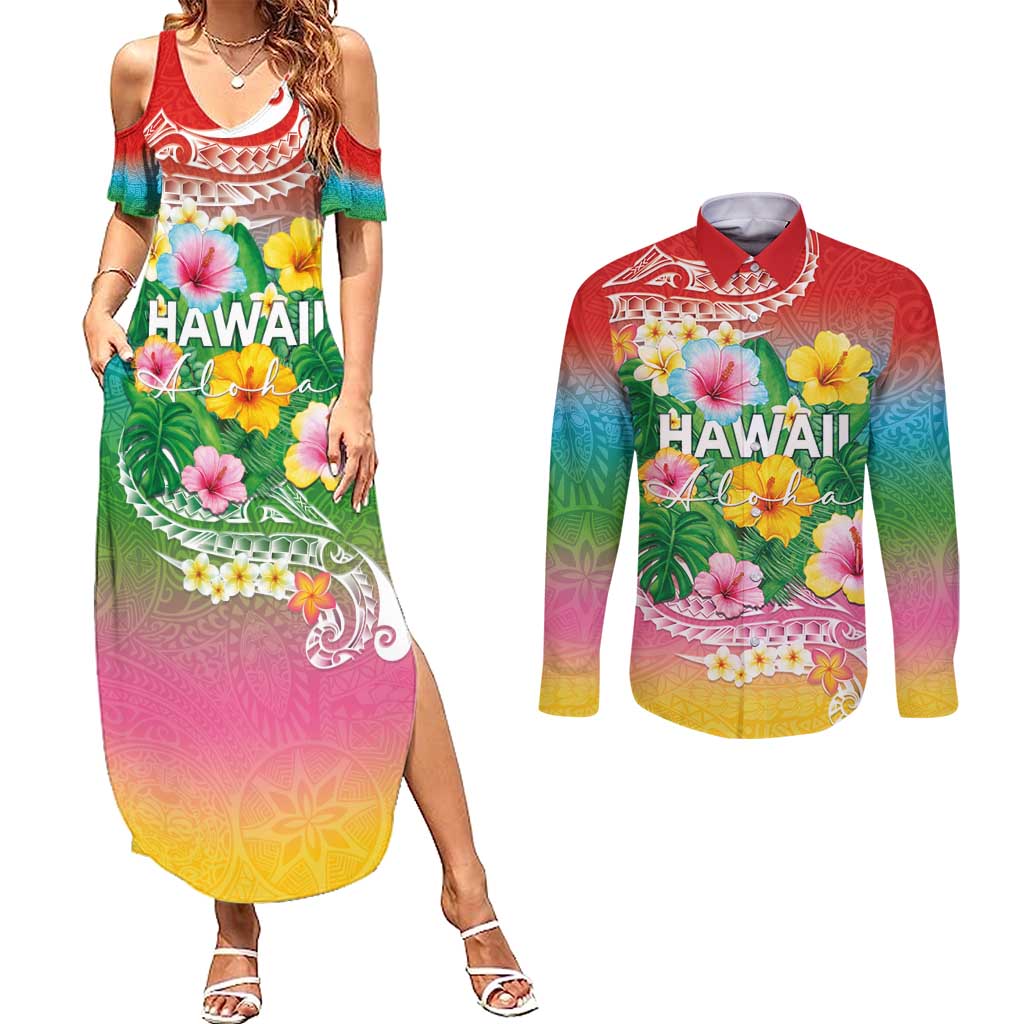 Hawaii Aloha Tropical Leaves and Flower Couples Matching Summer Maxi Dress and Long Sleeve Button Shirt with Polynesian Art Tattoo Rainbow Color - Polynesian Pride