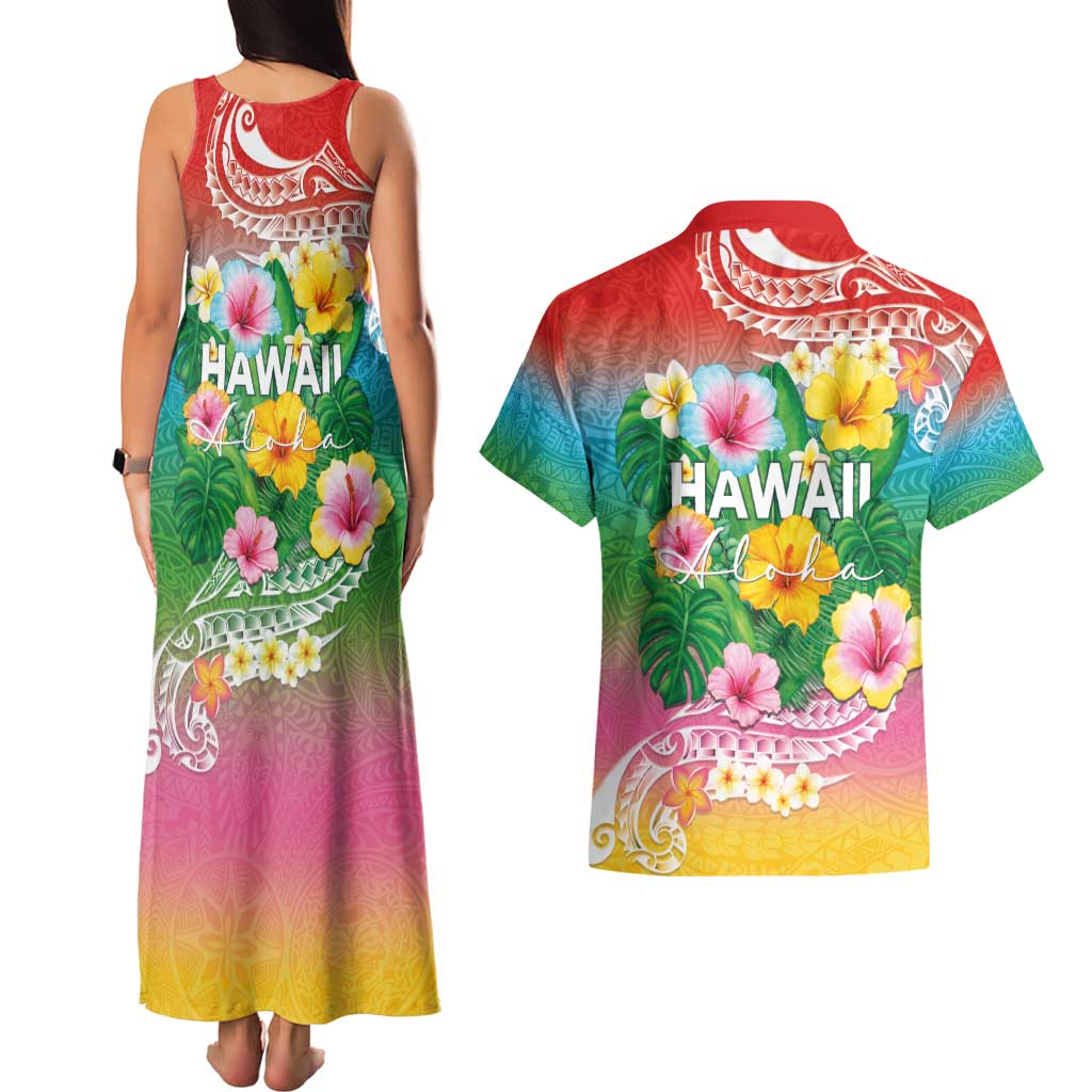 Hawaii Aloha Tropical Leaves and Flower Couples Matching Tank Maxi Dress and Hawaiian Shirt with Polynesian Art Tattoo Rainbow Color - Polynesian Pride