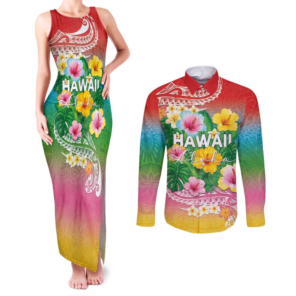 Hawaii Aloha Tropical Leaves and Flower Couples Matching Tank Maxi Dress and Long Sleeve Button Shirt with Polynesian Art Tattoo Rainbow Color - Polynesian Pride