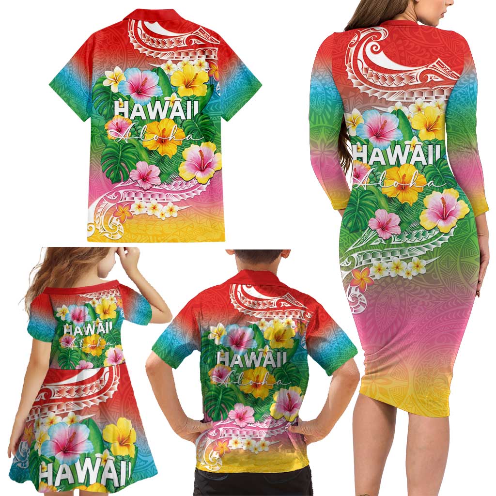 Hawaii Aloha Tropical Leaves and Flower Family Matching Long Sleeve Bodycon Dress and Hawaiian Shirt with Polynesian Art Tattoo Rainbow Color - Polynesian Pride