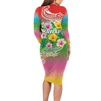Hawaii Aloha Tropical Leaves and Flower Family Matching Long Sleeve Bodycon Dress and Hawaiian Shirt with Polynesian Art Tattoo Rainbow Color - Polynesian Pride