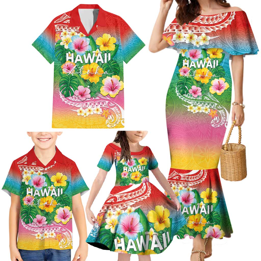 Hawaii Aloha Tropical Leaves and Flower Family Matching Mermaid Dress and Hawaiian Shirt with Polynesian Art Tattoo Rainbow Color - Polynesian Pride