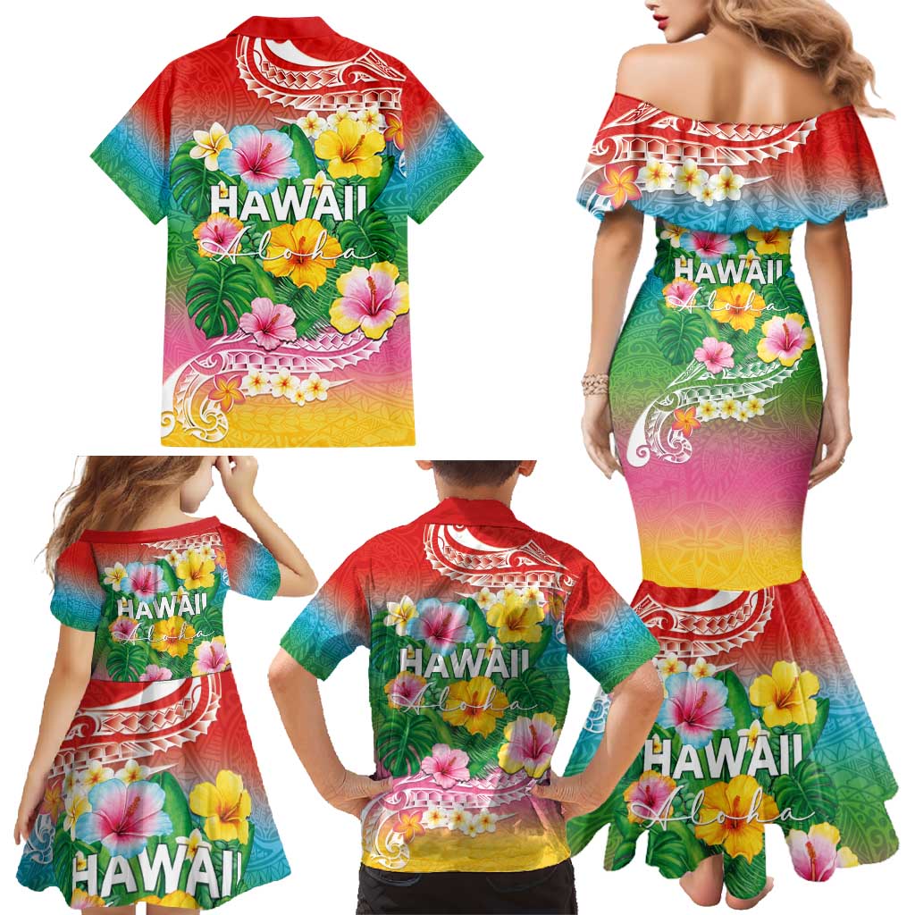 Hawaii Aloha Tropical Leaves and Flower Family Matching Mermaid Dress and Hawaiian Shirt with Polynesian Art Tattoo Rainbow Color - Polynesian Pride