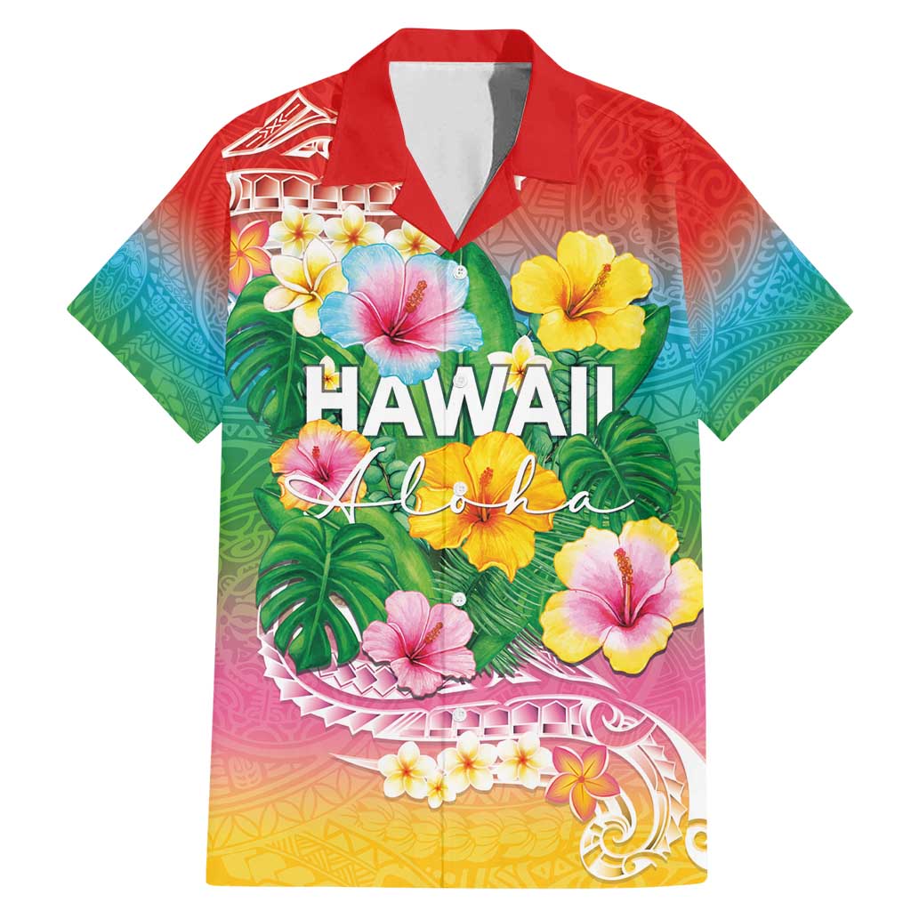 Hawaii Aloha Tropical Leaves and Flower Family Matching Mermaid Dress and Hawaiian Shirt with Polynesian Art Tattoo Rainbow Color - Polynesian Pride