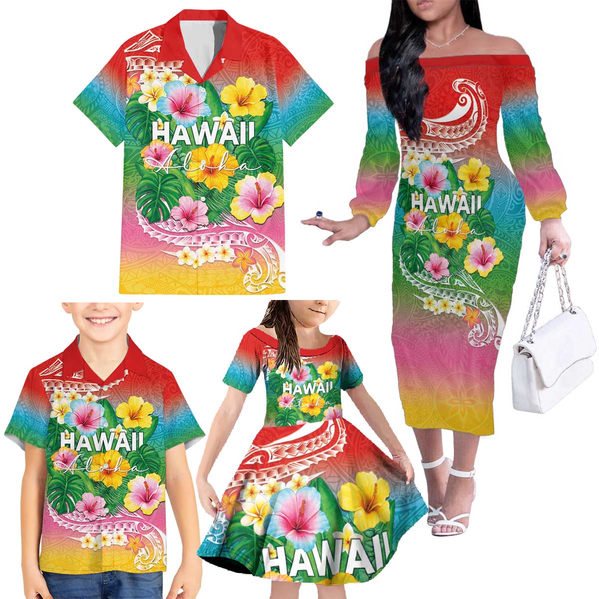 Hawaii Aloha Tropical Leaves and Flower Family Matching Off The Shoulder Long Sleeve Dress and Hawaiian Shirt with Polynesian Art Tattoo Rainbow Color - Polynesian Pride