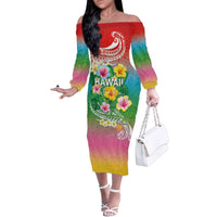 Hawaii Aloha Tropical Leaves and Flower Family Matching Off The Shoulder Long Sleeve Dress and Hawaiian Shirt with Polynesian Art Tattoo Rainbow Color - Polynesian Pride