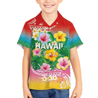 Hawaii Aloha Tropical Leaves and Flower Family Matching Off The Shoulder Long Sleeve Dress and Hawaiian Shirt with Polynesian Art Tattoo Rainbow Color - Polynesian Pride
