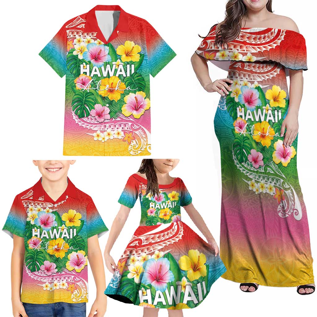 Hawaii Aloha Tropical Leaves and Flower Family Matching Off Shoulder Maxi Dress and Hawaiian Shirt with Polynesian Art Tattoo Rainbow Color - Polynesian Pride