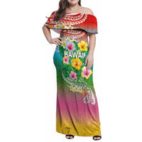 Hawaii Aloha Tropical Leaves and Flower Family Matching Off Shoulder Maxi Dress and Hawaiian Shirt with Polynesian Art Tattoo Rainbow Color - Polynesian Pride