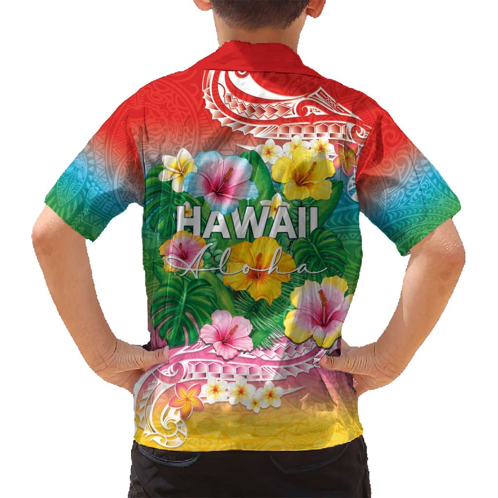 Hawaii Aloha Tropical Leaves and Flower Family Matching Off Shoulder Short Dress and Hawaiian Shirt with Polynesian Art Tattoo Rainbow Color - Polynesian Pride