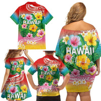 Hawaii Aloha Tropical Leaves and Flower Family Matching Off Shoulder Short Dress and Hawaiian Shirt with Polynesian Art Tattoo Rainbow Color - Polynesian Pride