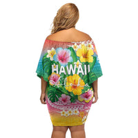Hawaii Aloha Tropical Leaves and Flower Family Matching Off Shoulder Short Dress and Hawaiian Shirt with Polynesian Art Tattoo Rainbow Color - Polynesian Pride