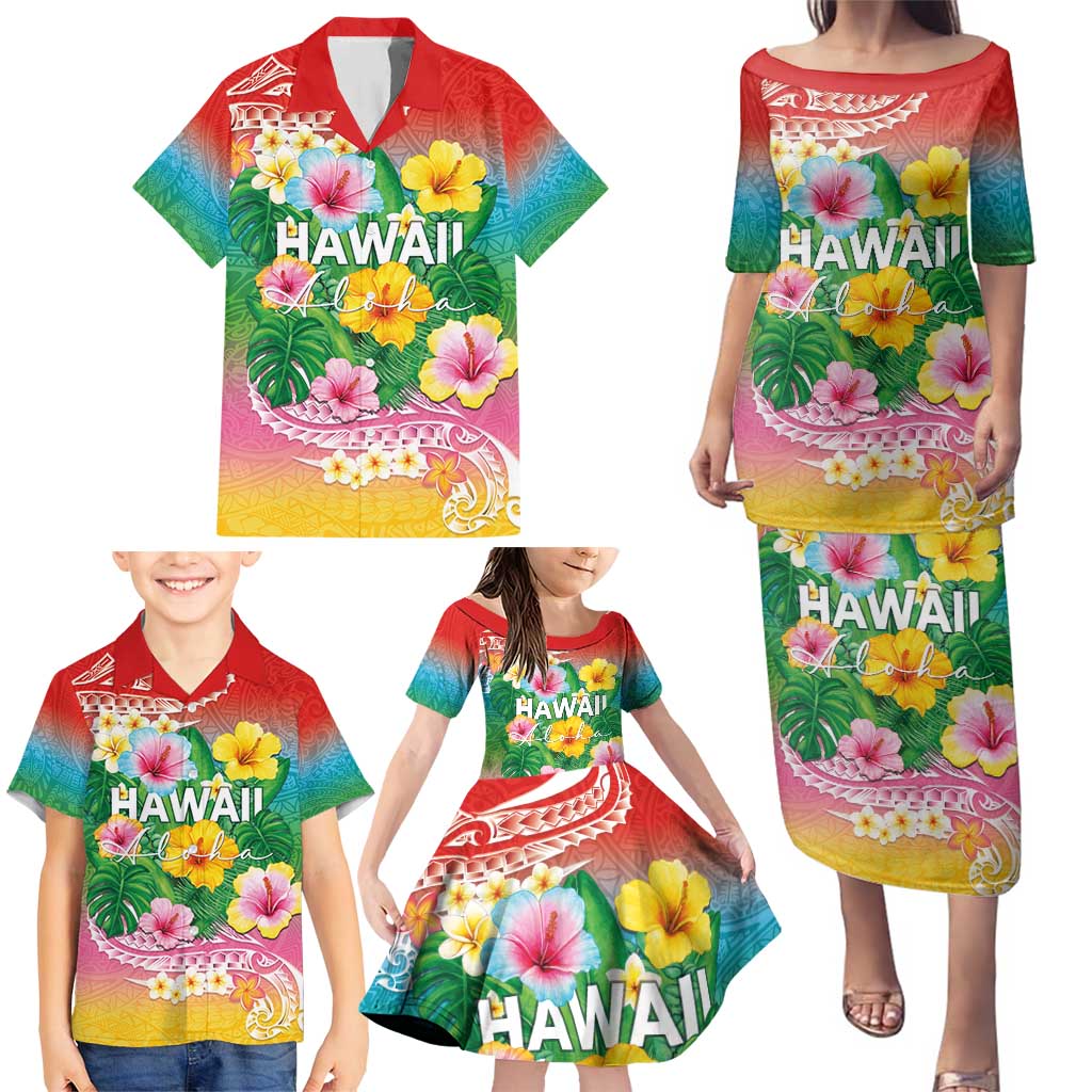 Hawaii Aloha Tropical Leaves and Flower Family Matching Puletasi and Hawaiian Shirt with Polynesian Art Tattoo Rainbow Color - Polynesian Pride