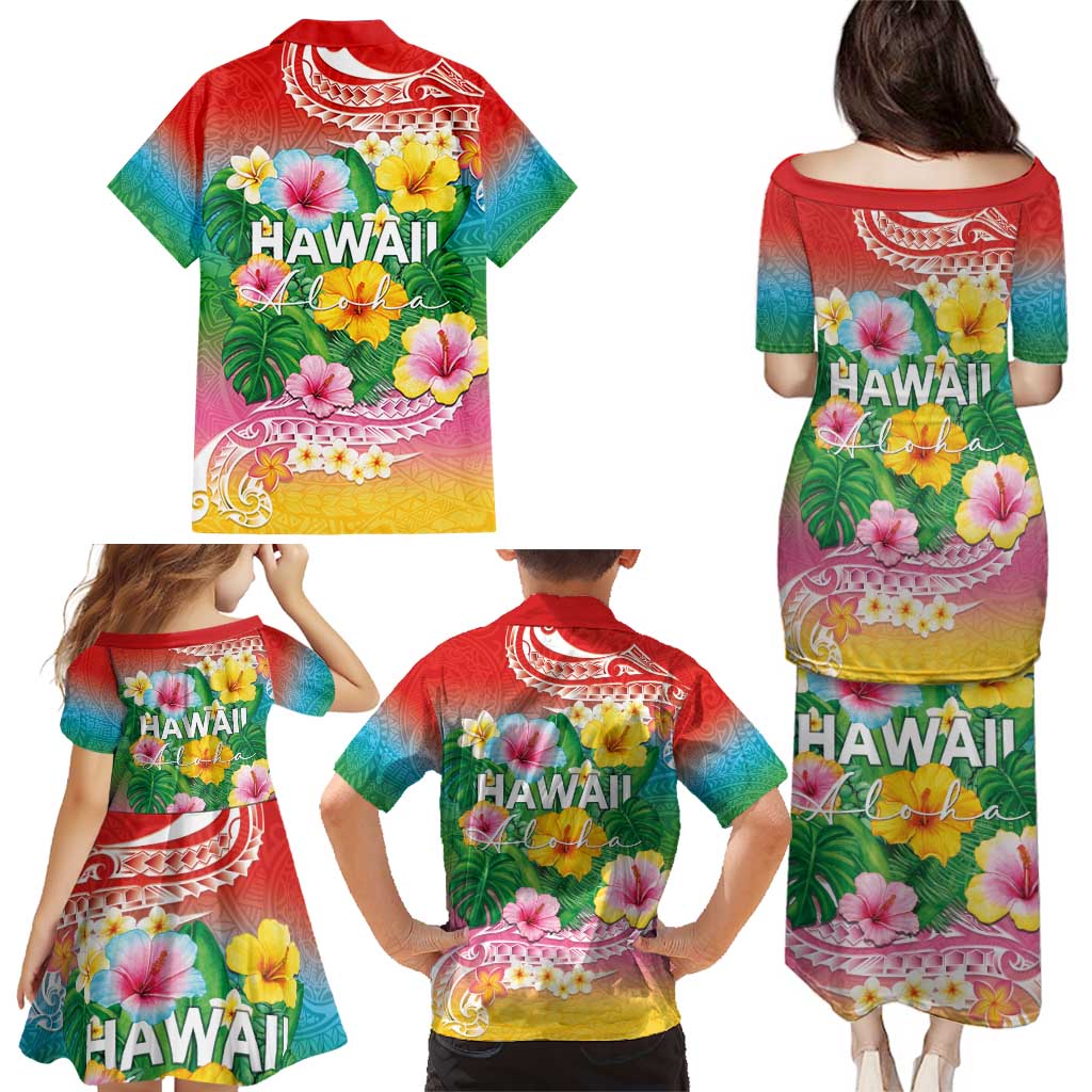 Hawaii Aloha Tropical Leaves and Flower Family Matching Puletasi and Hawaiian Shirt with Polynesian Art Tattoo Rainbow Color - Polynesian Pride