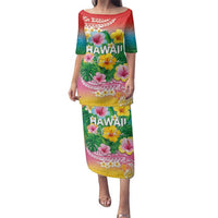 Hawaii Aloha Tropical Leaves and Flower Family Matching Puletasi and Hawaiian Shirt with Polynesian Art Tattoo Rainbow Color - Polynesian Pride