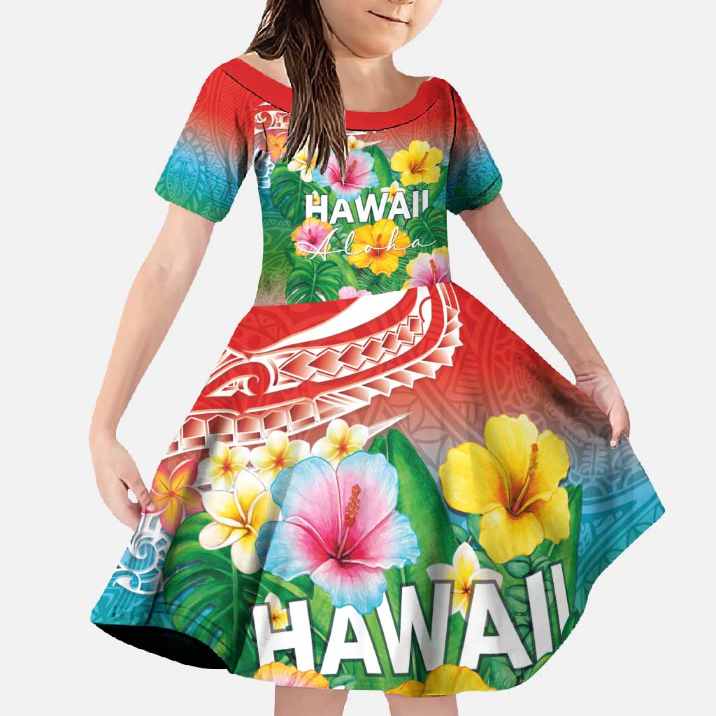Hawaii Aloha Tropical Leaves and Flower Family Matching Short Sleeve Bodycon Dress and Hawaiian Shirt with Polynesian Art Tattoo Rainbow Color - Polynesian Pride