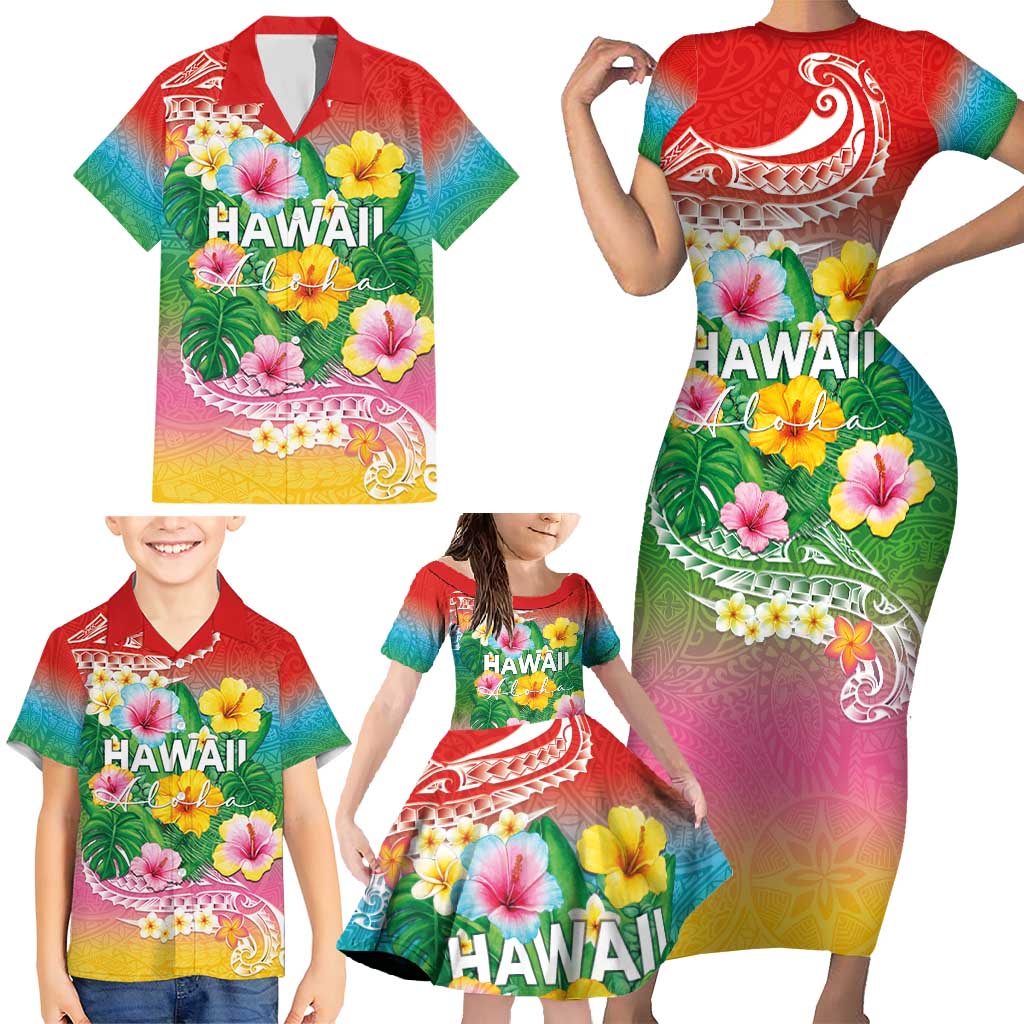 Hawaii Aloha Tropical Leaves and Flower Family Matching Short Sleeve Bodycon Dress and Hawaiian Shirt with Polynesian Art Tattoo Rainbow Color - Polynesian Pride