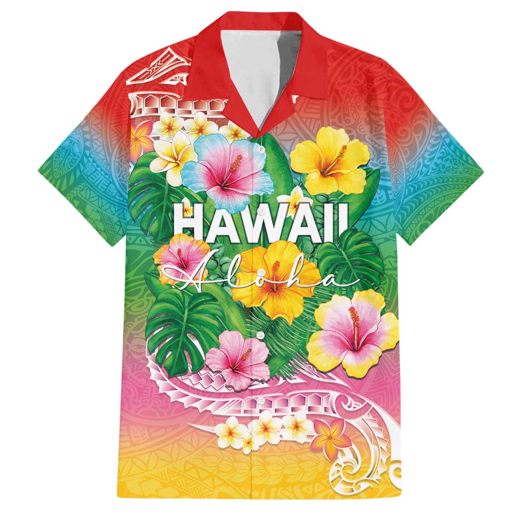 Hawaii Aloha Tropical Leaves and Flower Family Matching Summer Maxi Dress and Hawaiian Shirt with Polynesian Art Tattoo Rainbow Color - Polynesian Pride