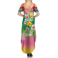 Hawaii Aloha Tropical Leaves and Flower Family Matching Summer Maxi Dress and Hawaiian Shirt with Polynesian Art Tattoo Rainbow Color - Polynesian Pride
