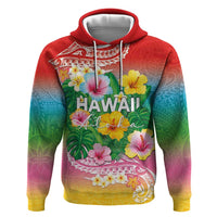 Hawaii Aloha Tropical Leaves and Flower Hoodie with Polynesian Art Tattoo Rainbow Color - Polynesian Pride
