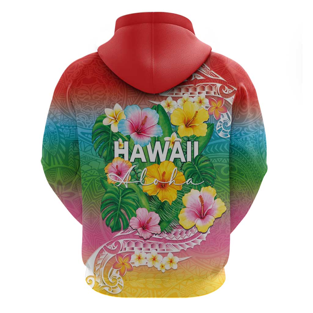 Hawaii Aloha Tropical Leaves and Flower Hoodie with Polynesian Art Tattoo Rainbow Color - Polynesian Pride